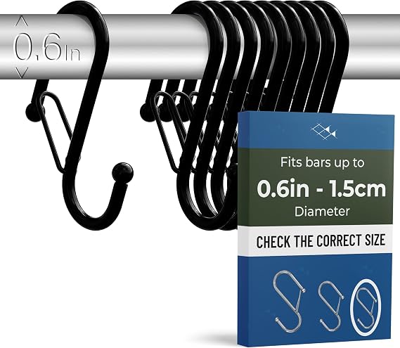 10 Pack S Hooks for Hanging for Bars up to 0.6 Inch (1.5 cm) Diameter - Anti-Drop Hooks with Safety Buckle – Heavy-Duty for Kitchen & Bathroom – Black (Small)