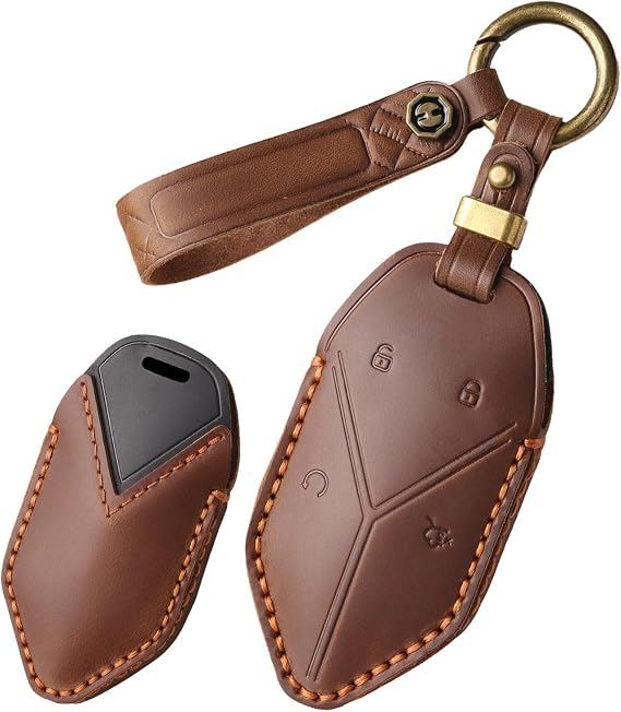 Leather Key Fob Cover Fit for BYD Equation Leopard 5 2023 2024 Car Accessories Keyless Smart Key Shell fit for BYD with Keychain Protector(Brown)
