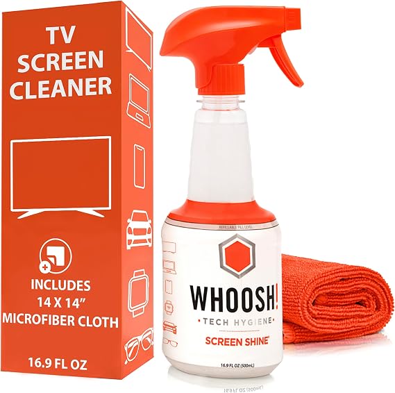 WHOOSH! Screen Shine Pro Refillable TV Screen Cleaner & Cloth, 16.9 fl oz | Includes 14x14" Microfiber Cloth, For Flat Screens, OLED, LCD, Monitors, Streak Free Finish
