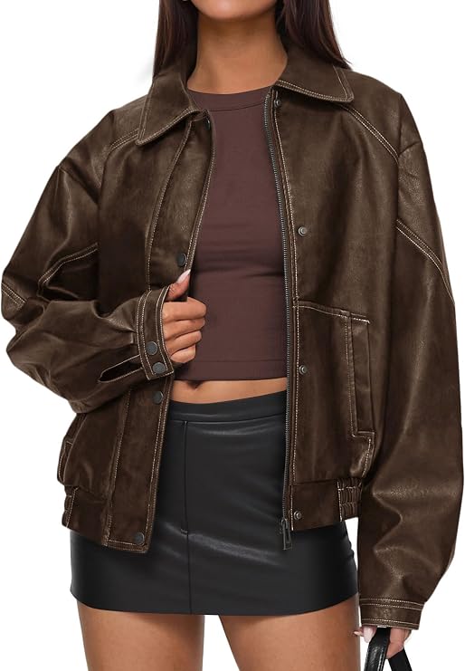 PRETTYGARDEN Leather Jacket Women Faux Oversized Coat | Motorcycle Bomber Fall Jackets Trendy, Fashion Going Out Outfits, Travel, Winter Clothes, Zip Up Outerwear
