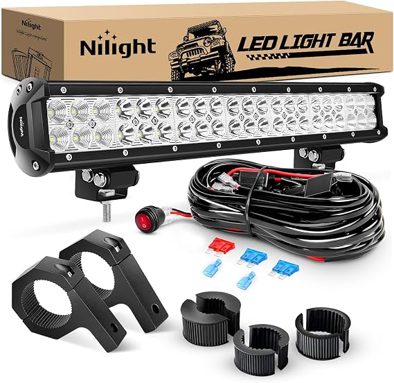 Nilight 20 Inch 126W Spot Flood Combo LED Light Bars Off-Road Light Mounting Bracket Horizontal Bar Tube Clamp with Off Road Wiring Harness, White