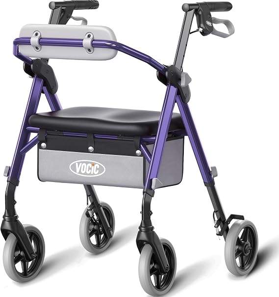 VOCIC Z11 Rollator Walker for Seniors with Seat, 380 LBS | Lightweight Design with Ergo Seat & Backrest, Height Adjustable & Easily Foldable for Seniors' Mobility, Blue