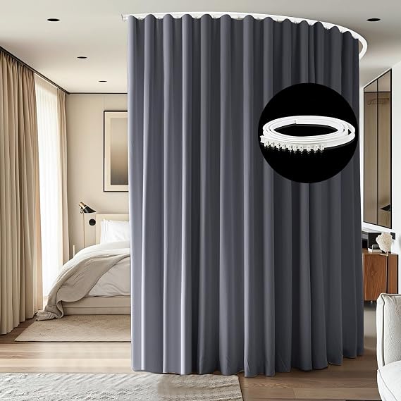 Room Divider Ceiling Mounted Curtains Track Sets Extra Wide Blackout Curtain Flexible Tracks for Bedroom Privacy Partition Separator, 1 Panel Grey Drape and White Rail, W10xH8ft