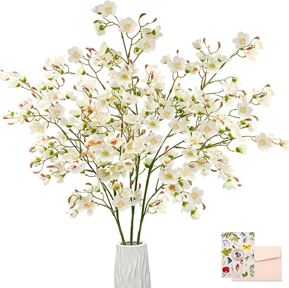 SNAIL GARDEN 3Pack 105cm White Artificial Cherry Blossom Branches, Long Stem Silk Peach Blossom Fake Flowers, Tall Faux Spring Stems for Vases, DIY Floral Arrangement Home Wedding Decor
