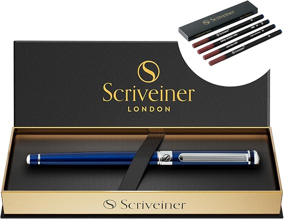 Scriveiner Midnight Blue Rollerball Pen - Stunning Blue Lacquer Luxury Pen, Chrome Finish bundle with Rollerball Refill Blue Medium - 4 Rollerball Refills in one box