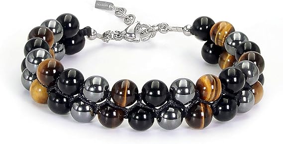 Triple Protection Bracelet for Men, HASKARE Natural Stone Tiger Eye Hematite Obsidian Handmade Mens Jewelry Beads Bracelet Balance Chakra Healing Crystal Protection Bracelet Durable Wire Bead Bracelet
