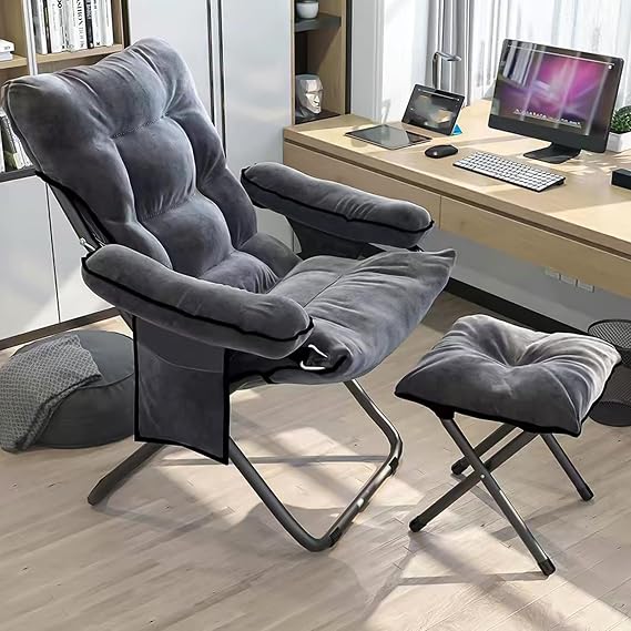 Lazy Chair with Ottoman Modern Folding Lounge Reclining Leisure Chair Armchair with Footstool Adjustable Reading Sofa Chair with Armrest Side Pocket for Bedroom, Office, Living Room, Gray