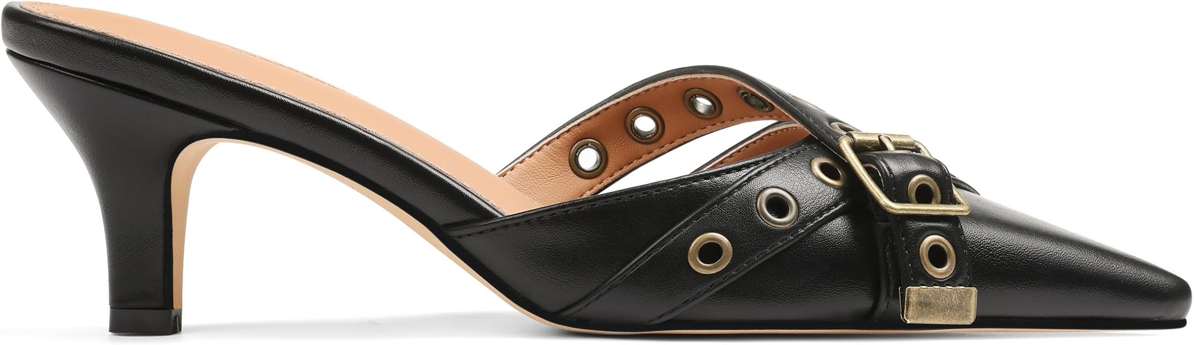 AMINUGAL Pointed Toe Mules Heels for Women Closed Toe Kitten Heels Pumps Buckle Slip On Studded Pointy Stiletto Heels Party Dress Pumps