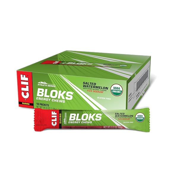 CLIF BLOKS Energy Chews, Salted Watermelon Flavor with 2X Sodium, 18 Packs | 2X Sodium