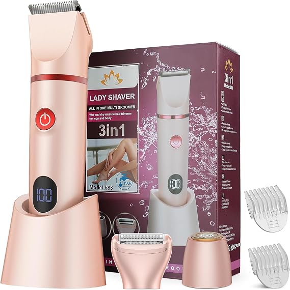 Bikini Trimmer for Women, 3 in 1 Electric Razors for Women, Rechargeable Electric Bikini Shaver, Waterproof Pubic Hair Trimmer and Facial Hair Remover with LED Display