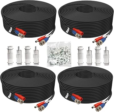 BNC Cable 100ft 4 Pack Aimyzii BNC Video Power Cable,Security Camera Cable for CCTV Camera DVR Security SystemsIncluded 8X BNC Adapters,100 Pcs Cable Clips-Black