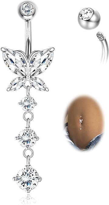 925 Sterling Silver 14G Dangle Butterfly Belly Button Piercing Ring Women | Barbell Belly Rings CZ Opal Belly Body Piercing Jewelry for Women