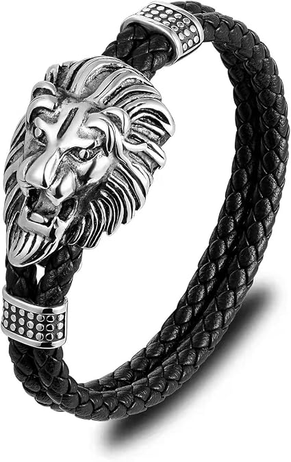 Mens Black braided leather Bangle Bracelet, Vintage Stainless Steel Roaring Lion Head, Two-row