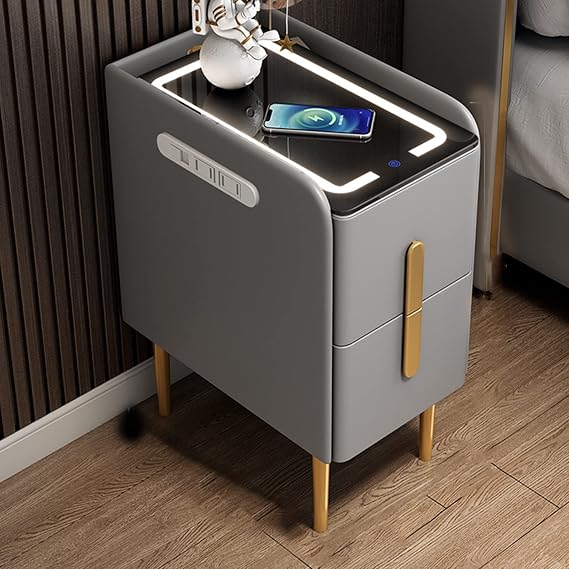 Smart side table with wireless charging,modern bedside table with wireless audio,home bedside table with three-color lamp, with fingerprint lock, suitable for bedroom, living room,study room ( Color :