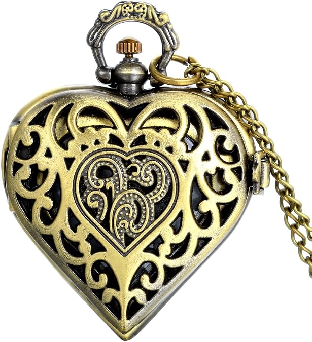 JewelryWe Vintage Silver Tone Heart Locket Style Pendant Pocket Watch Necklace for Lady Women, 30 inch Chain
