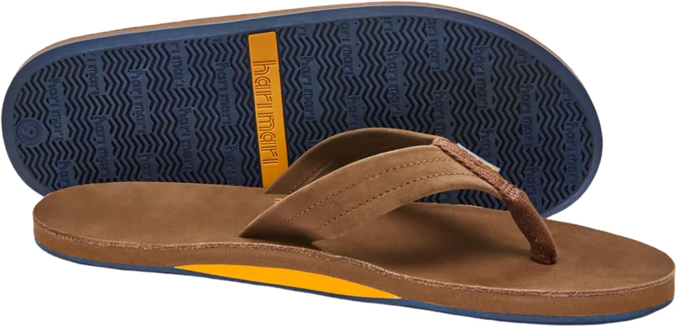Hari Mari- Fields- Men's Nubuck Leather Flip Flops with Colorful Outsole- No Break Ins, Firm Arch Support, Soft Squeeze Eva Midsole and Beveled Edge to Reduce Tripping