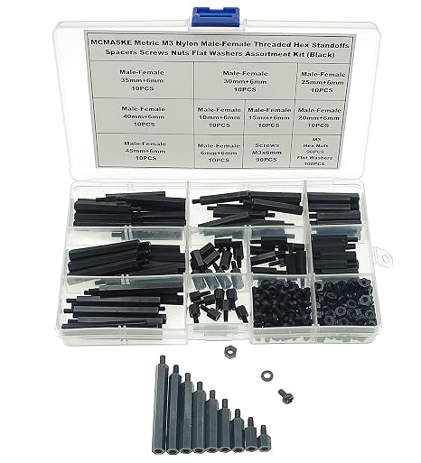 M3 Nylon Male-Female Threaded Hex Standoffs Spacers Screws Nuts Flat Washers Assortment Kit,Female Lengths:6mm to 45mm(Black)