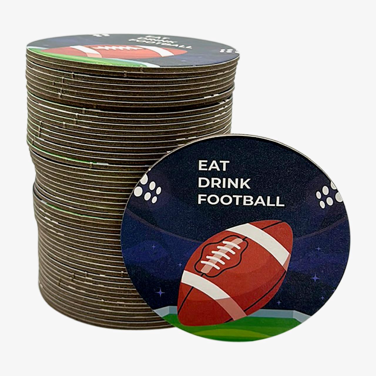 Round Football Disposable Drink Coasters| 50 Pack 3.5” Cardboard Football Coasters | For Game Day Celebrations, Football Parties, Sports Events, Birthdays | Big Game & Tailgate Drink Coasters |Bashout