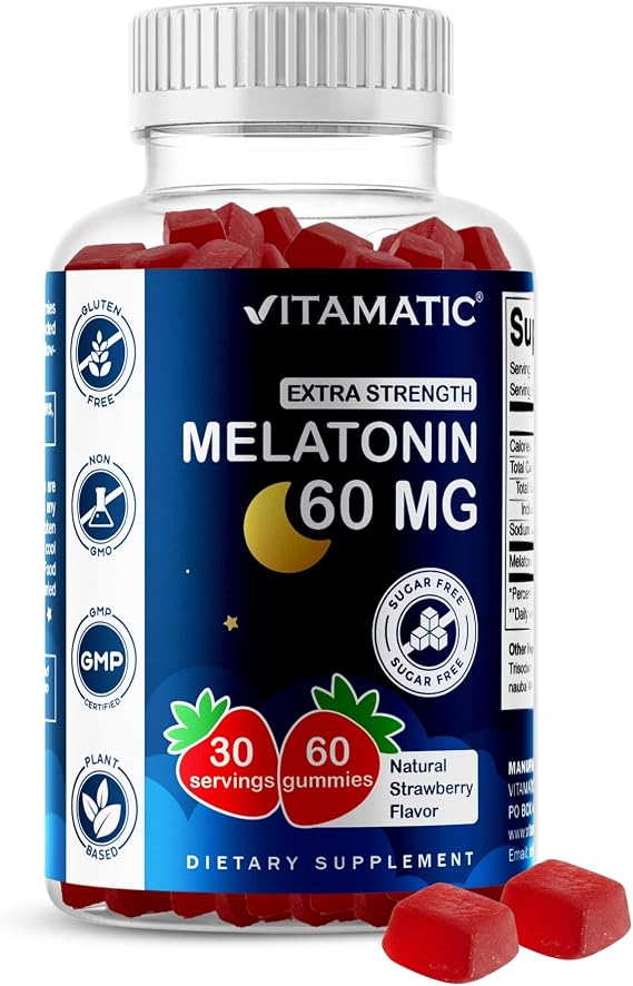 Vitamatic Sugar Free Melatonin 60 mg - 60 Vegetarian Gummies - Non-Habit Forming Supplement