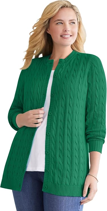 Woman Within Cotton Cable Knit Cardigan Sweater