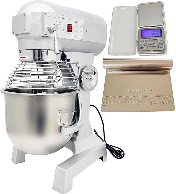 Commercial Dough Mixer, Electric Food Mixer, 20L Adjustable Speed Stainless Steel Dough Mixer with Three Mixing Tools and Dough Knife