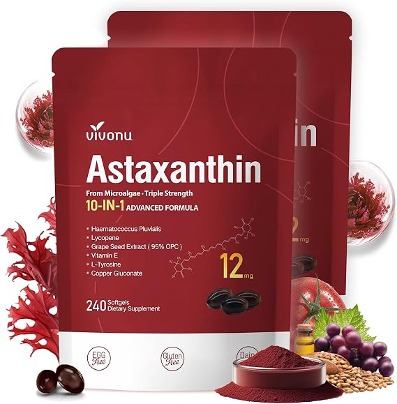 10 in 1 Astaxanthin Supplements 12mg, 8 Month Supply, Astaxantina Antioxidant from Fresh Haematococcus Pluvialis, Contains Lycopene, Grape Seed, Vitamin E, More Supports Eye, Joints, Skin Health, 2Bag