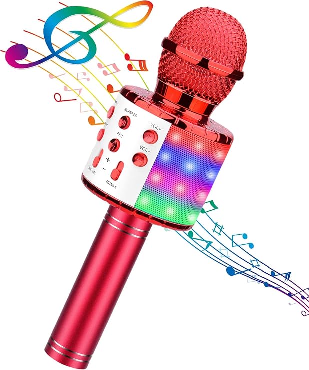 BlueFire 4 in 1 Karaoke Wireless Microphone with LED Lights, Portable Microphone for Kids, Great Gifts Toys for Kids, Girls, Boys and Adults (Red)