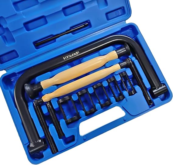 SIXIWANZI Valve Spring Compressor, 12pc C-Clamp Kit with Lapping Tool | 5 collet adapters, extension screws rod, black-oxide steel, valve grinding paste, sturdy storage case