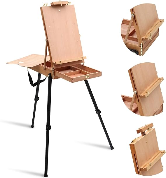 Light Weight French Style Field and Sketchbox Easel | Adjustable Beechwood Tripod standing easel with Aluminum Tripod, Drawer, Palette for Painting & Drawing