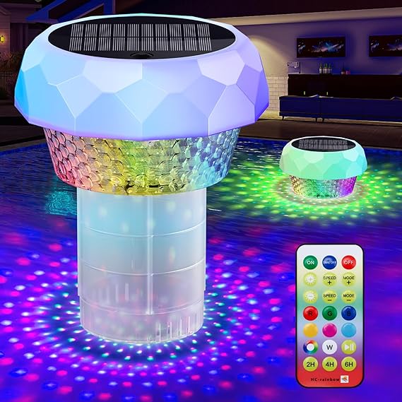 Solar Pool Chlorine Floater with Colorful Lights, Remote-Controlled Lights