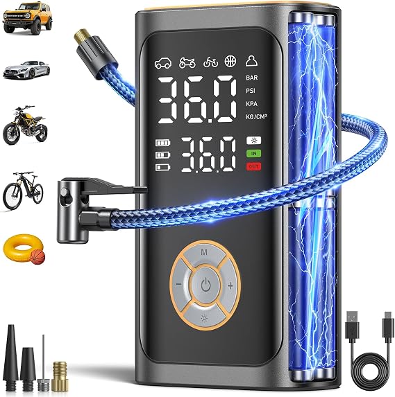Tire Inflator Portable Air Compressor - 150 PSI Portable Air Pump for Car Tires, Cordless Electric Bike Tire Pump with Digital Pressure Gauge, LED Light for Auto, Motorcycle, Bicycle, Ball (Chic)