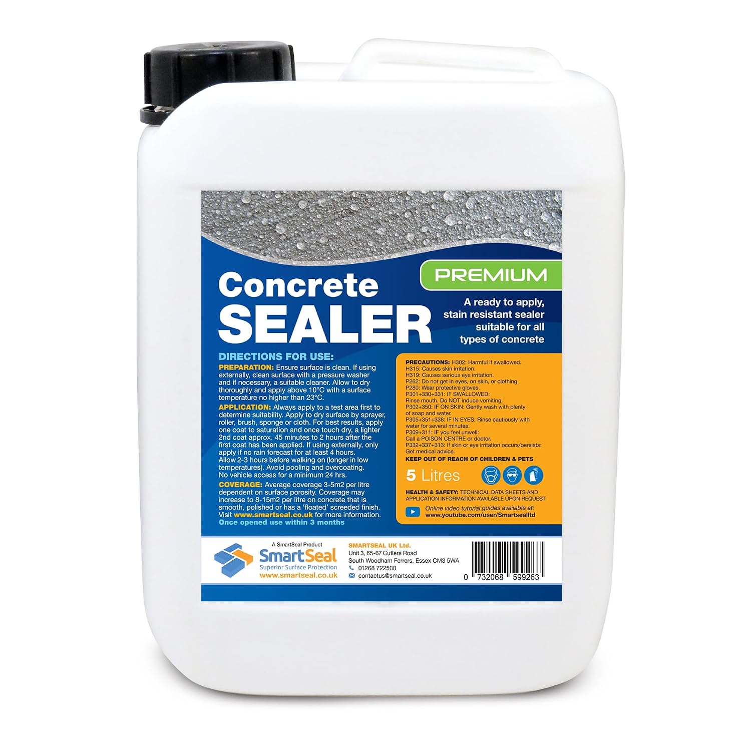 Smartseal Premium Concrete Sealer - Easy to Apply Indoor and Outdoor - High Protection Sealant, Oil and Water Repellent, Food Safe - Suitable for All Concrete Surfaces - 5 Litre