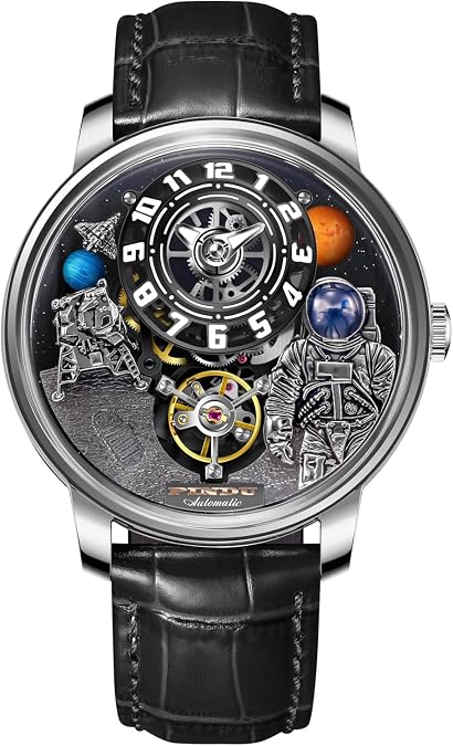 Men's Space Station Automatic Watch, Self-Winding 50m Water Resistant, Full Transparent Glass Case, Unique Space Style, Astronaut Themed Leather Strap Mechanical Watch