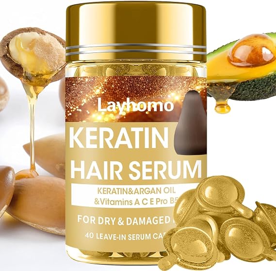 Keratin Hair Treatment Serum,Hair Serum Treatment for Dry Damaged Hair,Hair Oil Capsules with Keratin,Argan Oil-Leave-in Anti Frizz Conditioner with Vitamins A, C, E & B5- No Rinse for All Hair Types