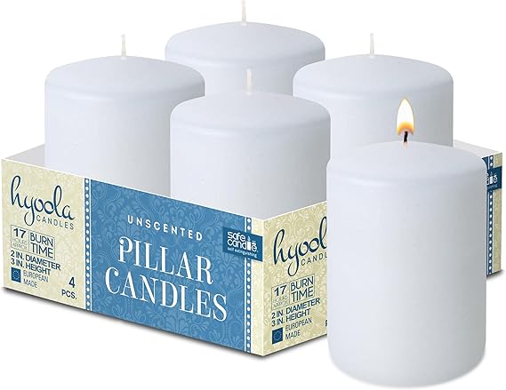 HYOOLA White Pillar Candles 2x3 Inch - Unscented Pillar Candles - Set of 4 - European Made