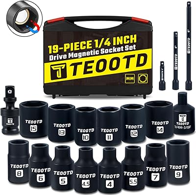 14 Inch Drive Magnetic Socket Set, 19 PCS Metric Magnetic Impact Sockets, 4mm-15mm, 6 Point, Cr-Mo, with Adapter, Universal Joint & Extension