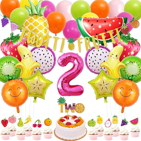 71 Packs Tutti Frutti Party Decorations Set Twotti Frutti Glitter Banner/Cake Topper Fruit Cupcake Toppers Mylar Balloons for Twotti Fruity Second Birthday Party