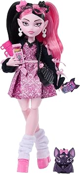 Monster High Doll, Draculaura in Pink Bow Dress and Black Cardigan with Pet Bat Count Fabulous and 7 Accessories like Ramen, Lipstick and Purse, JHK29