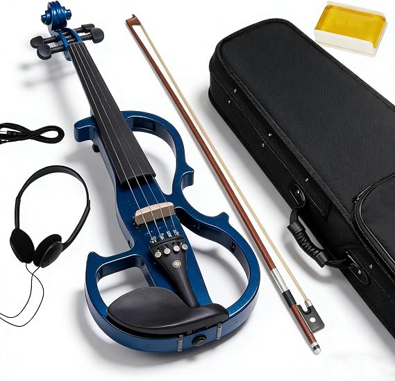 Silent Electric Solid Wood Violin Kit with Ebony Fittings in Blue Metallic Varnish - Full Size 4/4 Electric Violin for Beginner and Professional Musicians