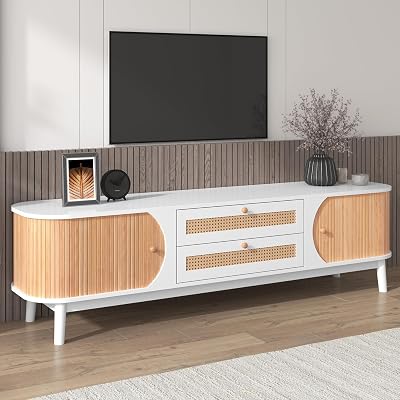 Rattan TV Stand for TVs up to 75, Farmhouse Wood TV Console Table with 2 Drawers and 2 Cabinets Media Entertainment Center with Solid Wood Legs for Living Room Home Theatre, NaturalWhite
