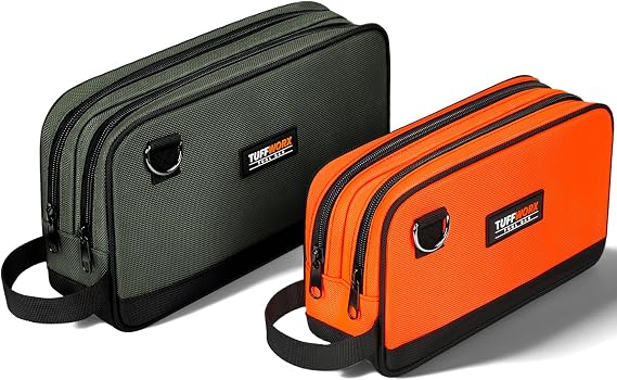 2 Pcs Small Tool Bags, Zippered, Dual Compartment,12" & 10" | Portable Small Tool Pouch, Orange And Grey, Two Size, Wear-Resistant, for Storing Small Tools, Pliers, Spanners, Screwdrivers