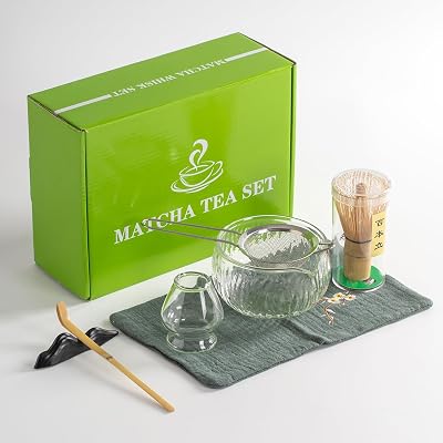7-Piece Glass Matcha Tea Set – Matcha Bowl with Pouring Spout, Bamboo Whisk Chasen, Whisk Holder, Scoop Chashaku & Holder, Sifter & Towel – Premium Handmade Japanese Matcha Kit, Gift for Tea Lovers