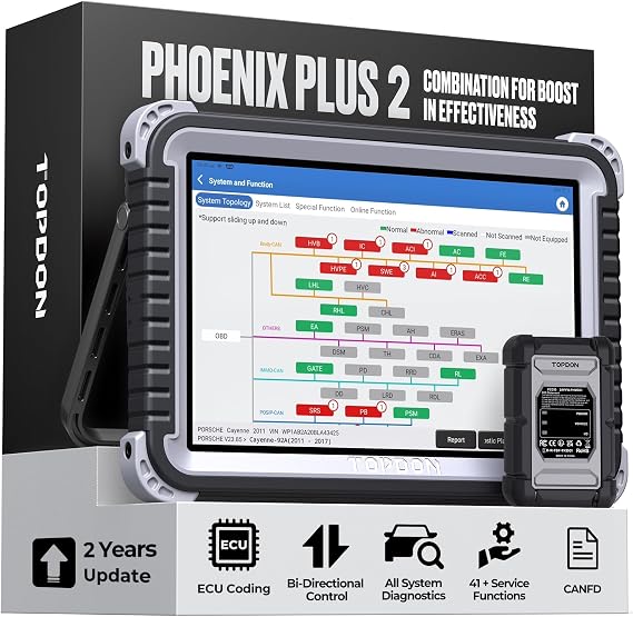 TOPDON Car Diagnostic Tool Phoenix Plus Advanced ECU Coding, OE-level all System Diagnostic Scanner with 41+ Reset Service, Guided Function, Bi-Directional scan tool, FCA AutoAuth, Android 10.0 | OE-level all System Diagnostic with 41+ Reset Service, Bi-Directional scan tool,FCA AutoAuth, 2 Years Free update