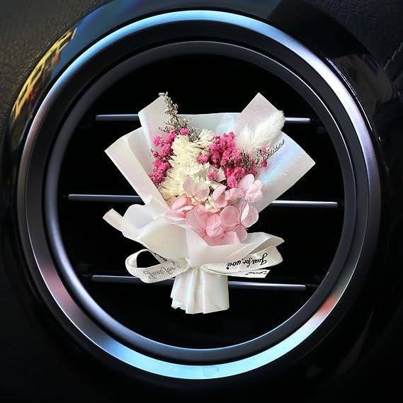 Fresh Flowers Mini Dried Flowers Bouquet for Car Air Vent Clips, Car Air Outlet Perfume Decoration, Air Fresheners Interior Accessories,Automotive Air Fresheners Pink (White, Random fragrance)