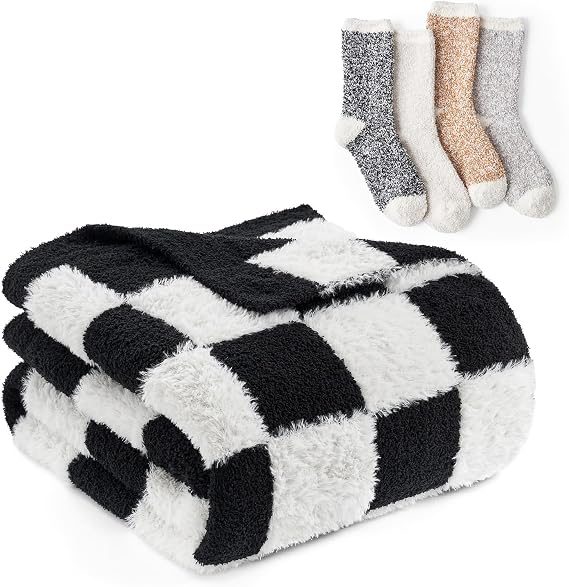 Snuggle Sac Faux Fur Checkered Blanket and Fuzy Socks