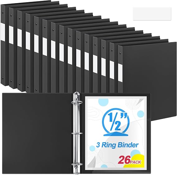 Henoyso 26 Pack 0.5 Inch Plastic 3 Ring Binder Round Ring, Bulk 1/2 Inch Flexible Binders Hold 140 Sheets Letter Size with Pocket, Document Organizer for Back to School Classroom Office (Black)