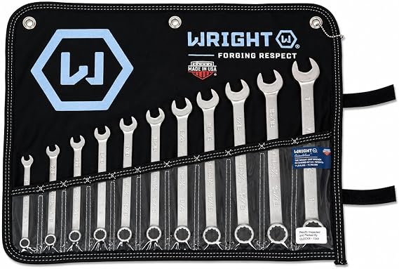Wright Tool 711 Combination Wrench Set 12 Point Satin Finish 11 Piece 3/8 to 1 Inch Anti-Slip Forged Steel USA Made WrightGrip 2.0