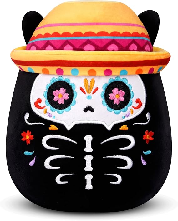 Black Cat Plush - 8inch Day of the Dead Skeleton Cat Decor | Halloween Stuffed Animal - Sugar Skull Floral Black Kitten Plushies Dia de Los Muertos Gift for Kids, Girls & Boys