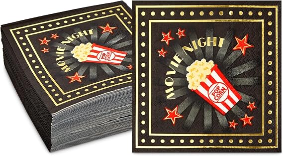 BLUE PANDA Movie Night Napkins - 50 Pack, 3-Ply, 5 x 5 In, Black - Popcorn & Cocktail Paper Napkins for Indoor & Outdoor Movie Night Supplies & Decorations