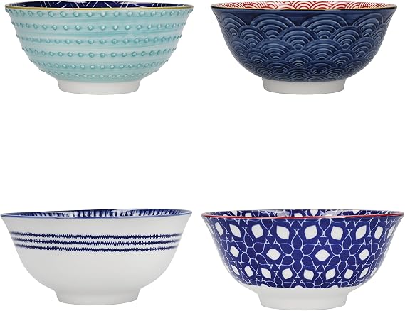 KitchenCraft Glazed Stoneware Bowl Set of 4, Red and Blue Hues, 15.5 x 7.5 cm, Gift Boxed